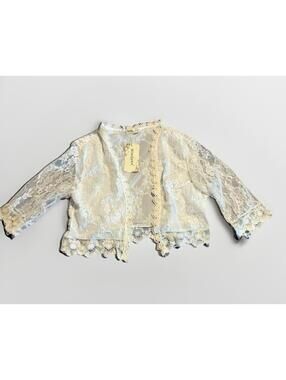 Mimikawa White Ivory Lace Crocheted Open Up Top Crop Cardigan L (14/16)(A12)